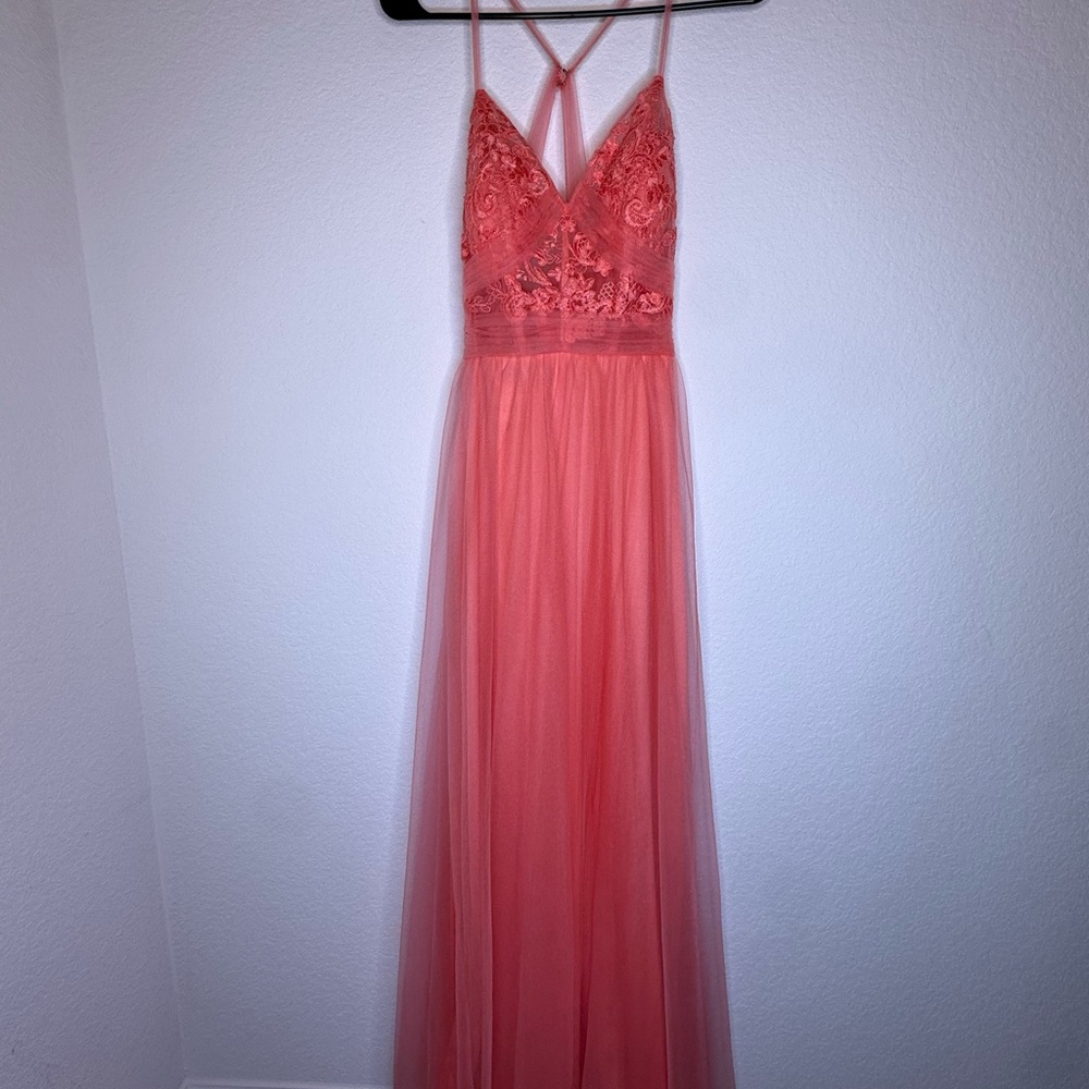 Azazie Coral Lace Bodice Maxi Dress with Tulle Skirt